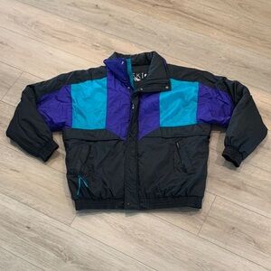 Vintage Thermoloft Colorblock Puffer Jacket in Black, Teal & Purple Size XL